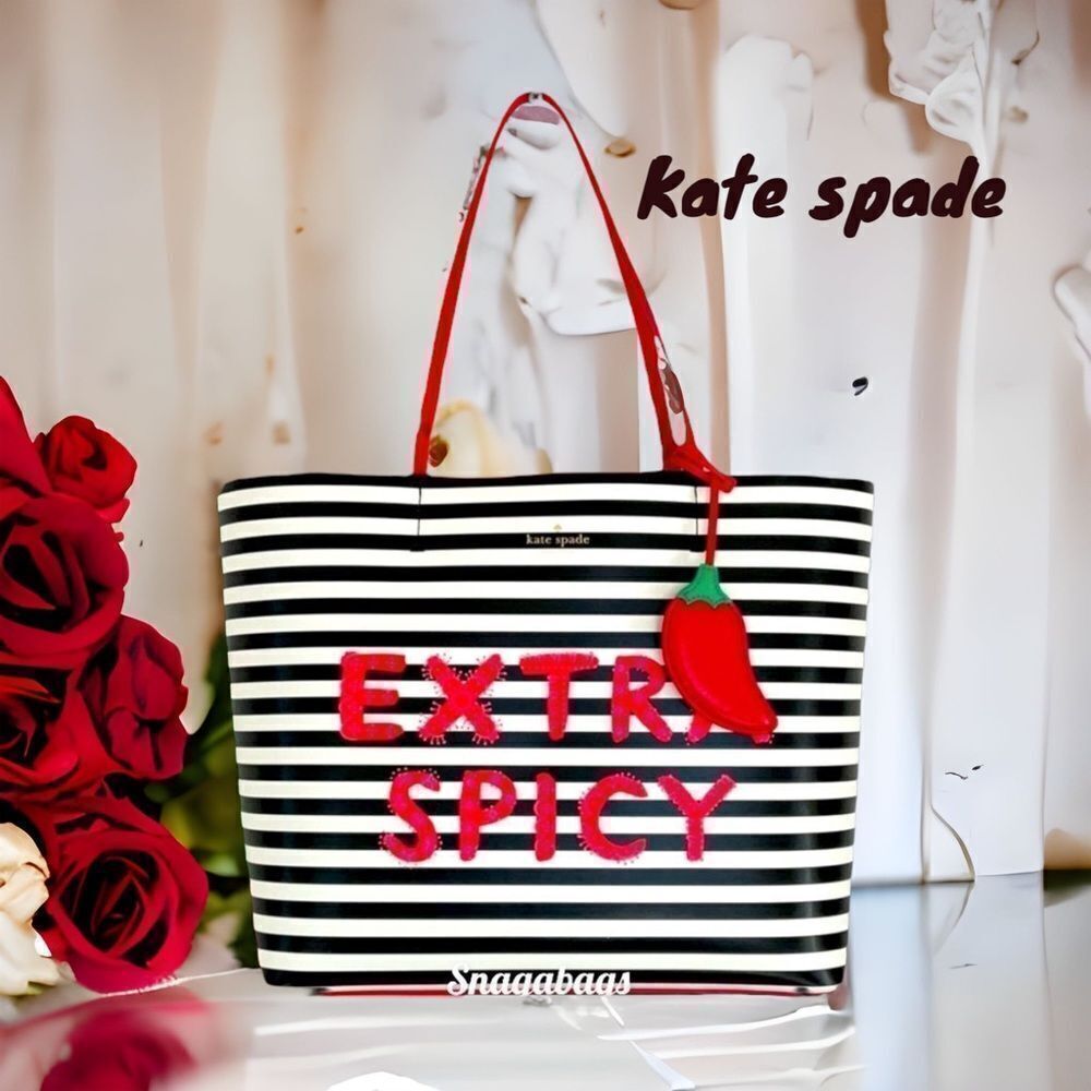 KATE SPADE NWT CHILI PEPPER LEN TOTE SHOULDER BAG EXTRA SPICY RED BLACK STRIPED - Picture 1 of 11